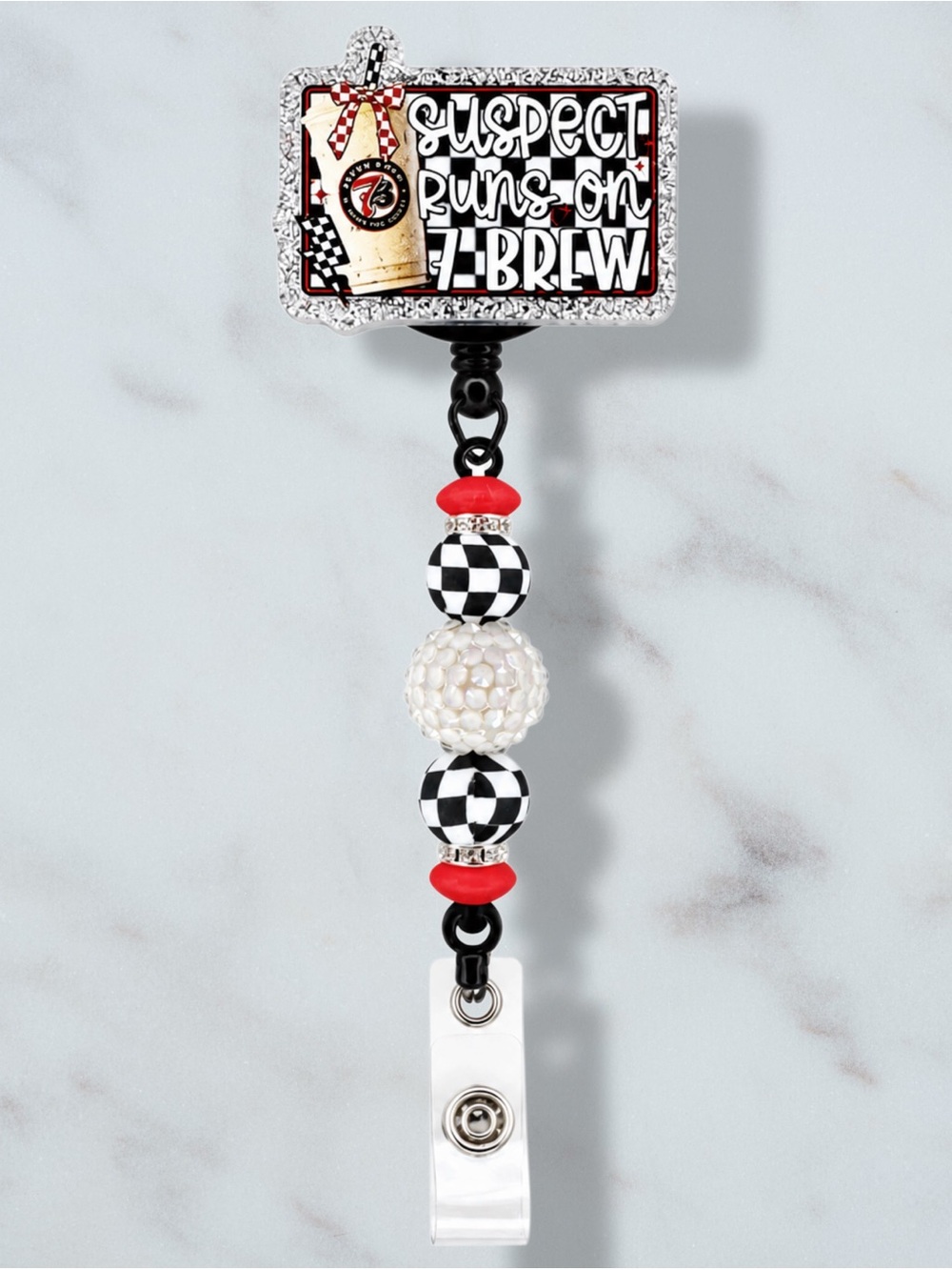 Suspect Runs on 7 Brew Novelty Beaded Badge Reel